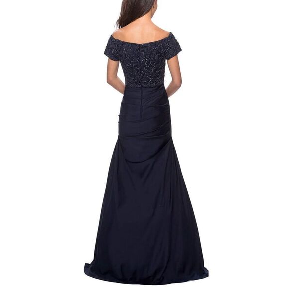 La Femme 25996 - Embellished Pleated Long Dress in Navy NWT Size 0 - Picture 2 of 6